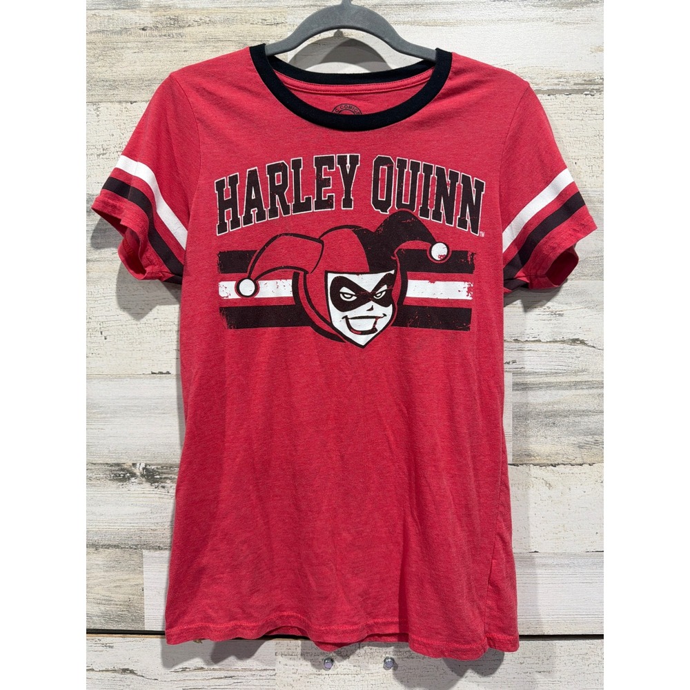 DC Comics Harley Quinn T-Shirt Girls XL Red Ringer Varsity Stripe Graphic EUC